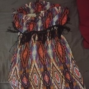 Justify Multicolor Strapless Dress with Black Fringe